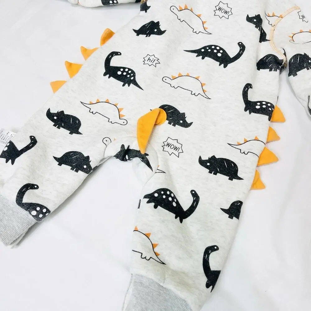 Baby Boy Dinosaur Pattern Long Sleeve Hooded Zipped Romper Winter Jumpsuit 6-12m